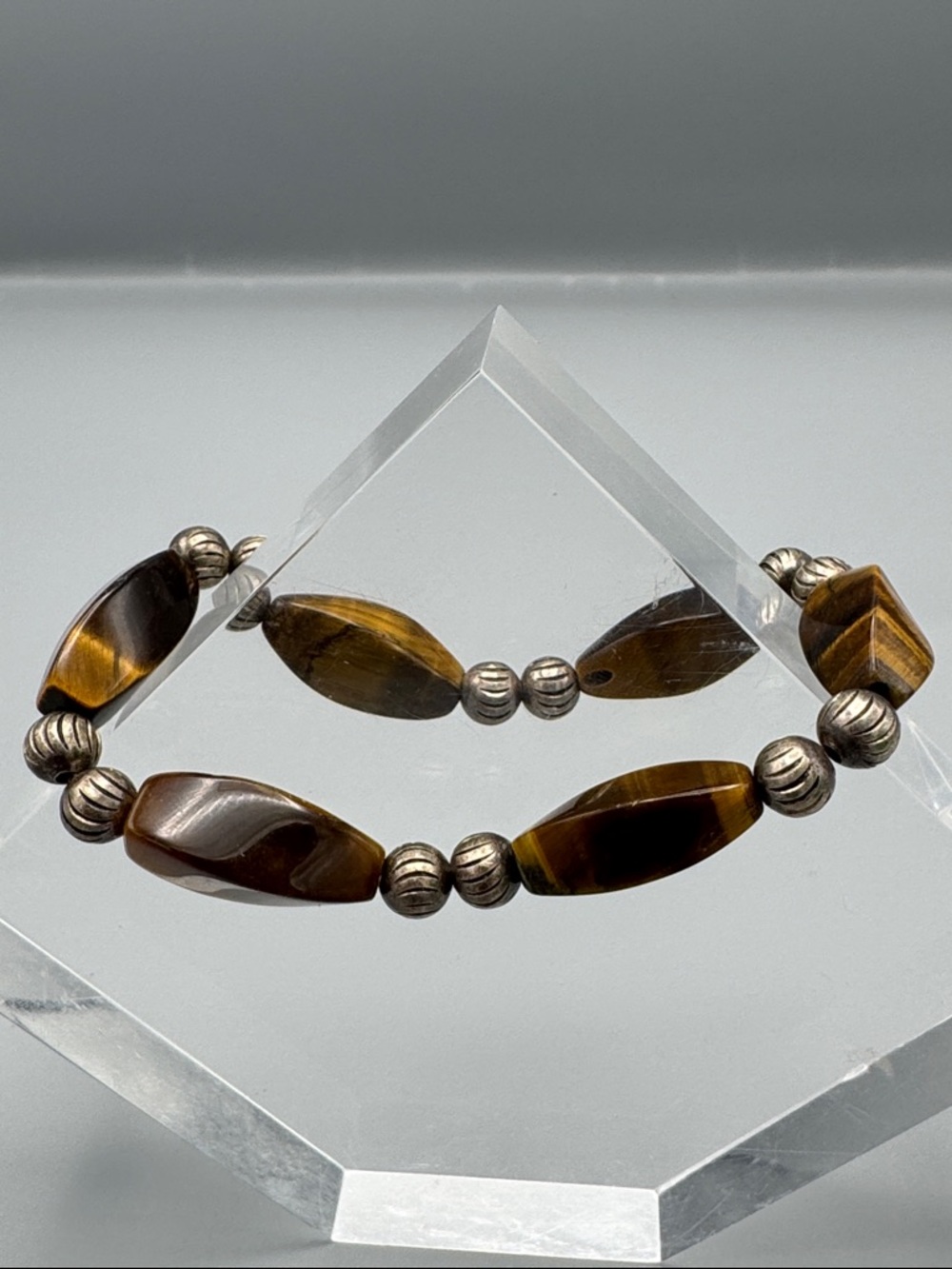 Tiger Eye Beaded Stretch Bracelet with Silver-Tone Accents